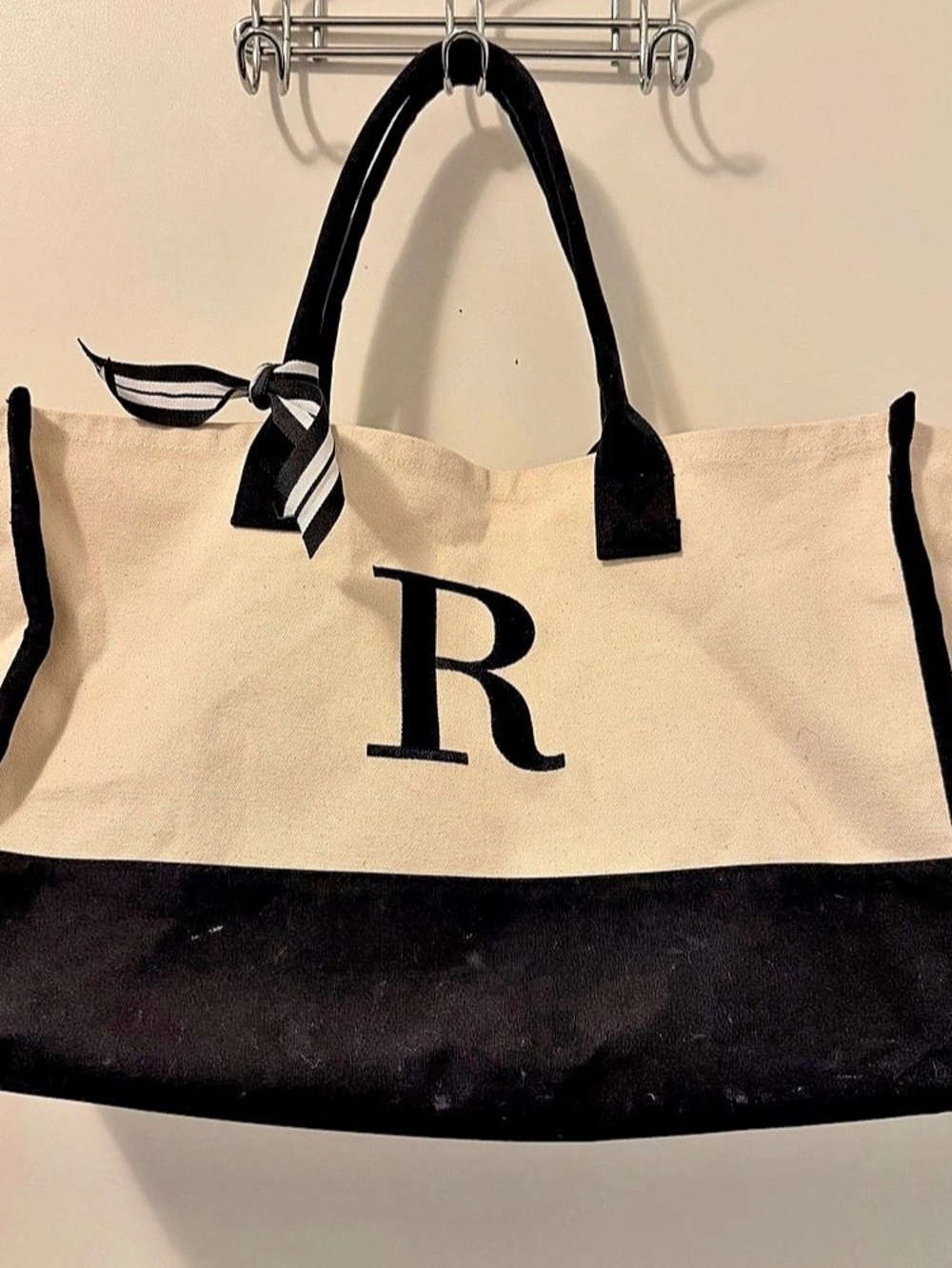 Letter R Cotton Tote in Black & Cream
